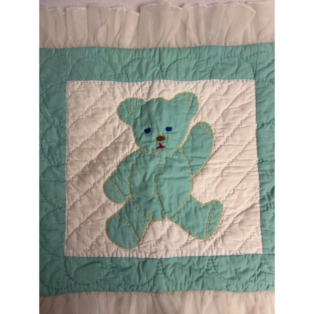 Vintage Cottagecore Unbranded Unisex Teal White Quilted Teddy Bear Pillow Sham